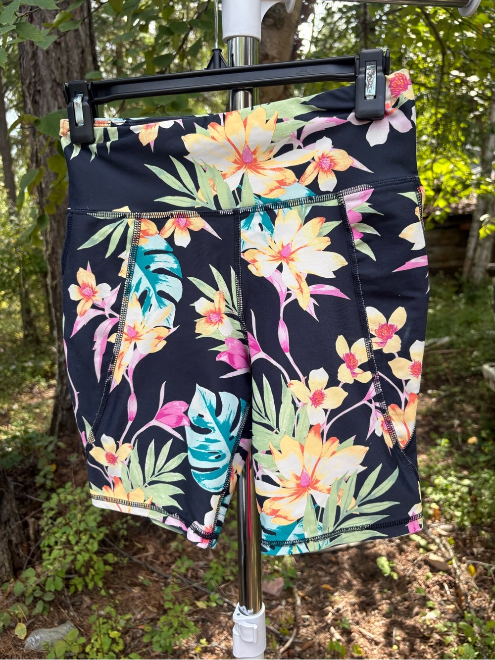 Old Navy Black Floral Bike Shorts with Vibrant Tropical Print
